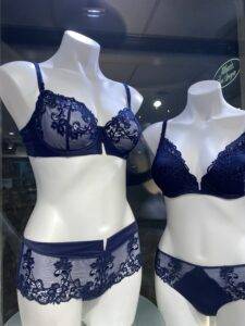 Two mannequins dressed in matching navy blue lingerie sets. Both sets feature sheer mesh and detailed lace embroidery. The left mannequin has a bra with lace accents and matching high-waisted shorts with lace trim. The right mannequin wears a similar bra with matching bikini-style underwear, also adorned with lace detailing.